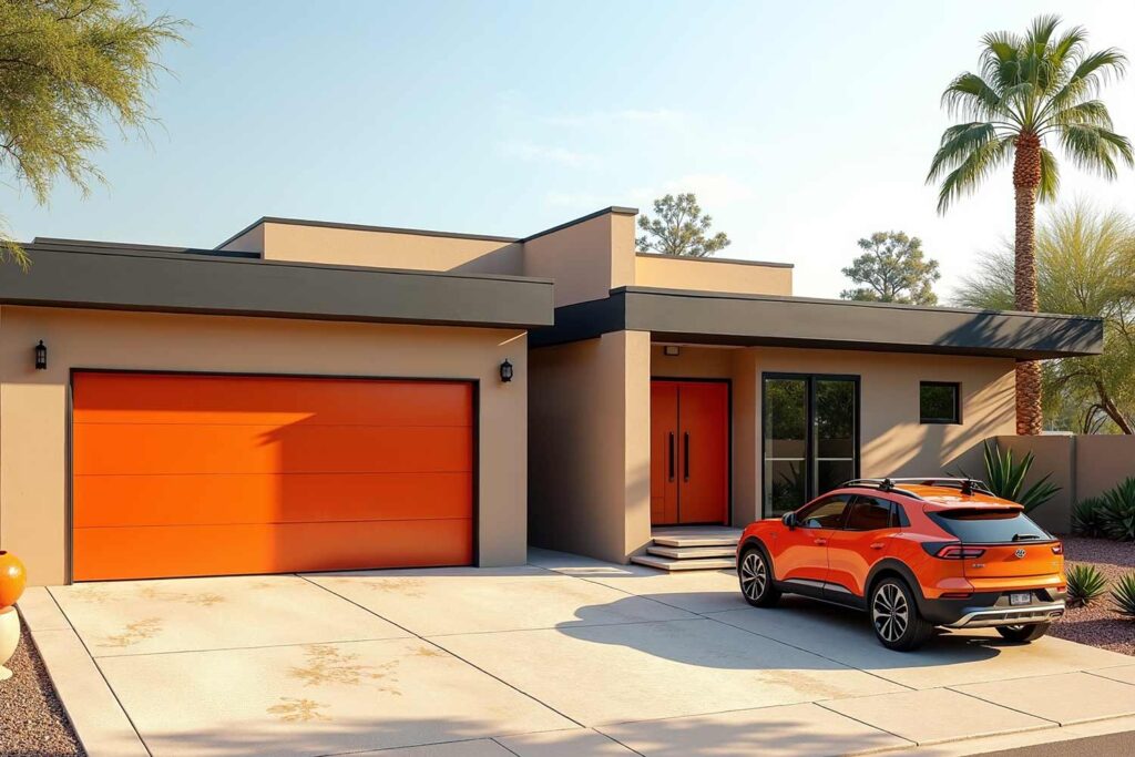 southwestern modernist home with warm beige walls charcoal trim and orange door and car, car and house color ideas, house and car colors, match your house to your car, let your car drive your house color choice, best exterior house colors for phoenix, how to match house color to car, car and house color coordination ideas, car and house color ideas, home and vehicle color schemes