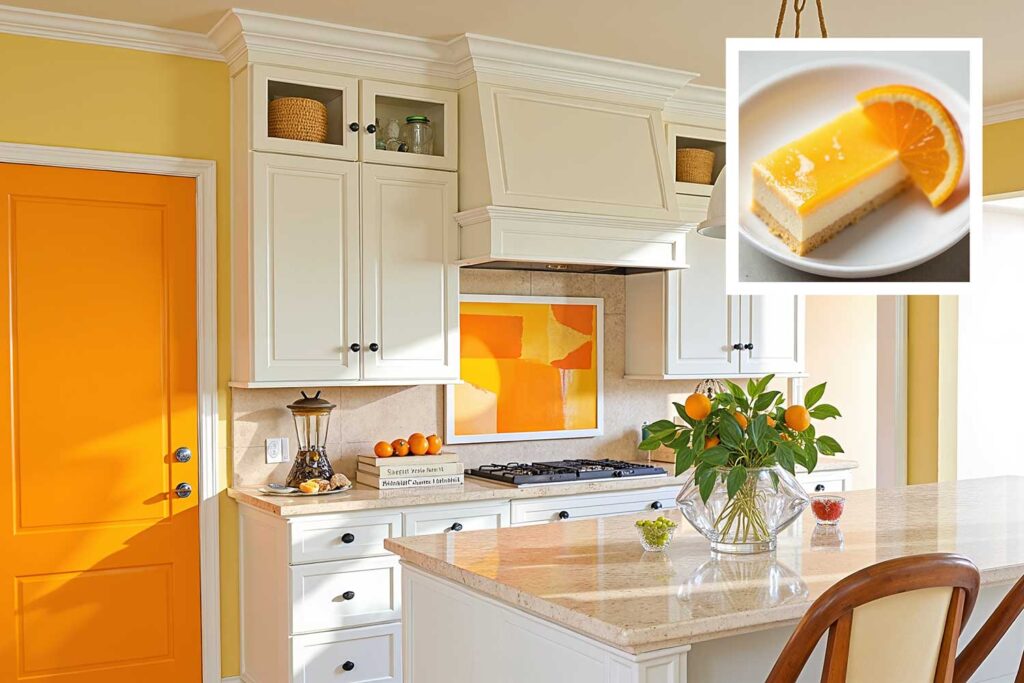 sunny kitchen with yellow walls and creamy white trim and bright orange pantry door, house color inspiration, interior house paint colors inspired by food unique house color inspiration from everyday items, unique house color inspiration from instagram food, unique house color inspiration from instagram desserts, interior color schemes based on desserts
