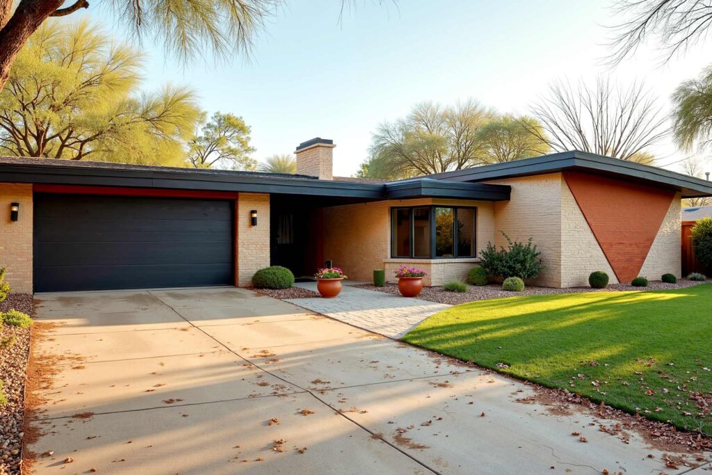 tan brick house in Arcadia with painted geometric design in terracotta and black garage door, communication with exterior paint contractors, collaborating with exterior paint contractors, discussing plans with painting professionals, consulting with house painters, coordinating with exterior painting companies, sharing ideas with paint contractors, exchanging ideas with exterior painting services, conveying your vision to painting experts, dialogue with exterior house painters, engaging with painting contractors, working with exterior painting specialists, interacting with professional painters, partnering with exterior paint services, communicating preferences to house painters, providing input to painting contractors, articulating your goals for exterior painting, giving feedback to exterior paint professionals, connecting with home exterior painters, requesting advice from painting contractors, outlining expectations to exterior painters, reaching agreements with painting companies