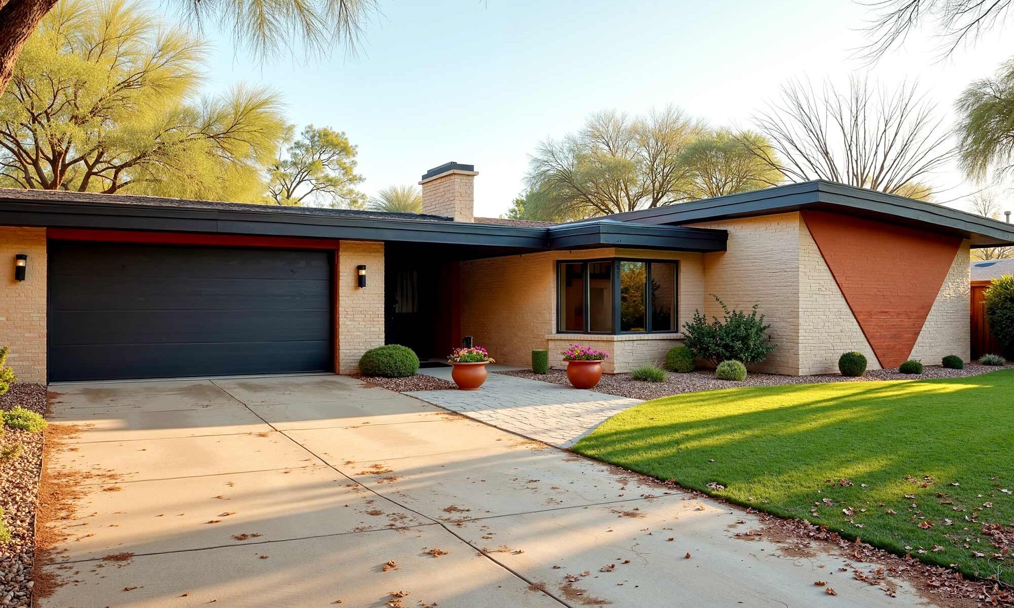 tan brick house in Arcadia with painted geometric design in terracotta and black garage door, communication with exterior paint contractors, collaborating with exterior paint contractors, discussing plans with painting professionals, consulting with house painters, coordinating with exterior painting companies, sharing ideas with paint contractors, exchanging ideas with exterior painting services, conveying your vision to painting experts, dialogue with exterior house painters, engaging with painting contractors, working with exterior painting specialists, interacting with professional painters, partnering with exterior paint services, communicating preferences to house painters, providing input to painting contractors, articulating your goals for exterior painting, giving feedback to exterior paint professionals, connecting with home exterior painters, requesting advice from painting contractors, outlining expectations to exterior painters, reaching agreements with painting companies