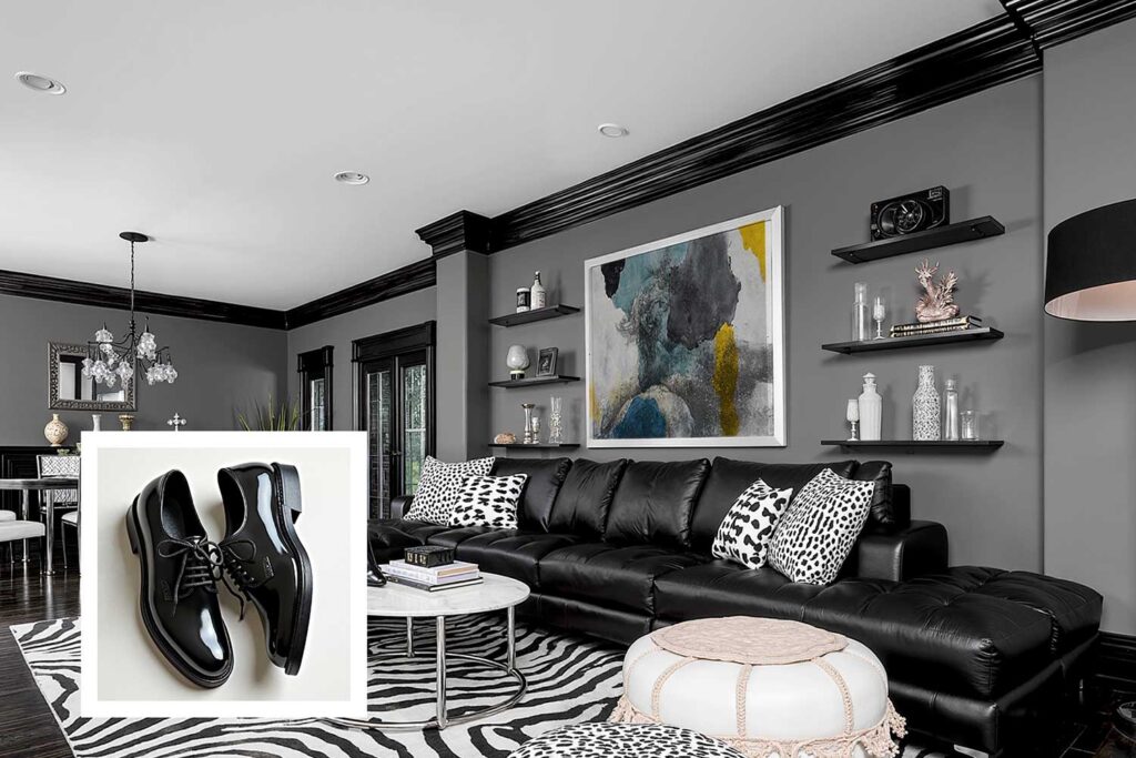 urban living room with charcoal gray walls and glossy black trim, house color ideas from shoes, matching house color to shoes, house color ideas from shoe wardrobe, letting shoes inspire house color choice, matching shoe color to house exterior, using shoe colors to select home paint, choosing house color based on shoes, coordinating home paint with shoes
