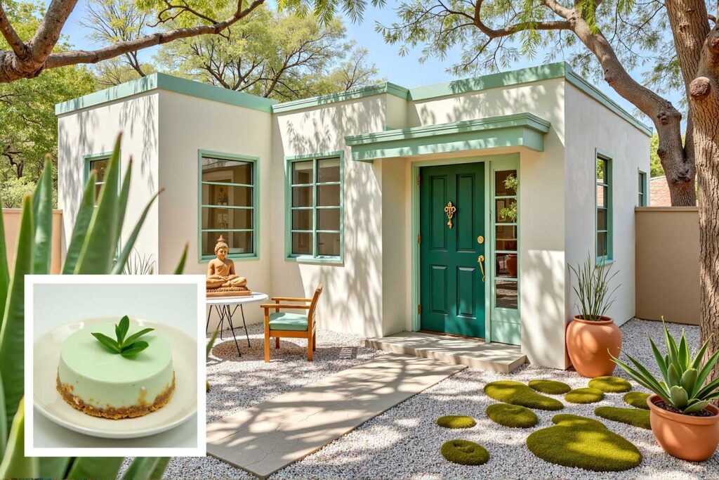 eclectic garden guest house pistachio green walls white trim deep lime green door, exterior house paint colors inspired by Instagram desserts, exterior house paint colors inspired by food , house paint colors inspired by food, unique house color inspiration from Instagram desserts, color schemes from food, home exterior colors from food, house colors, paint colors, color ideas, home colors, color inspiration