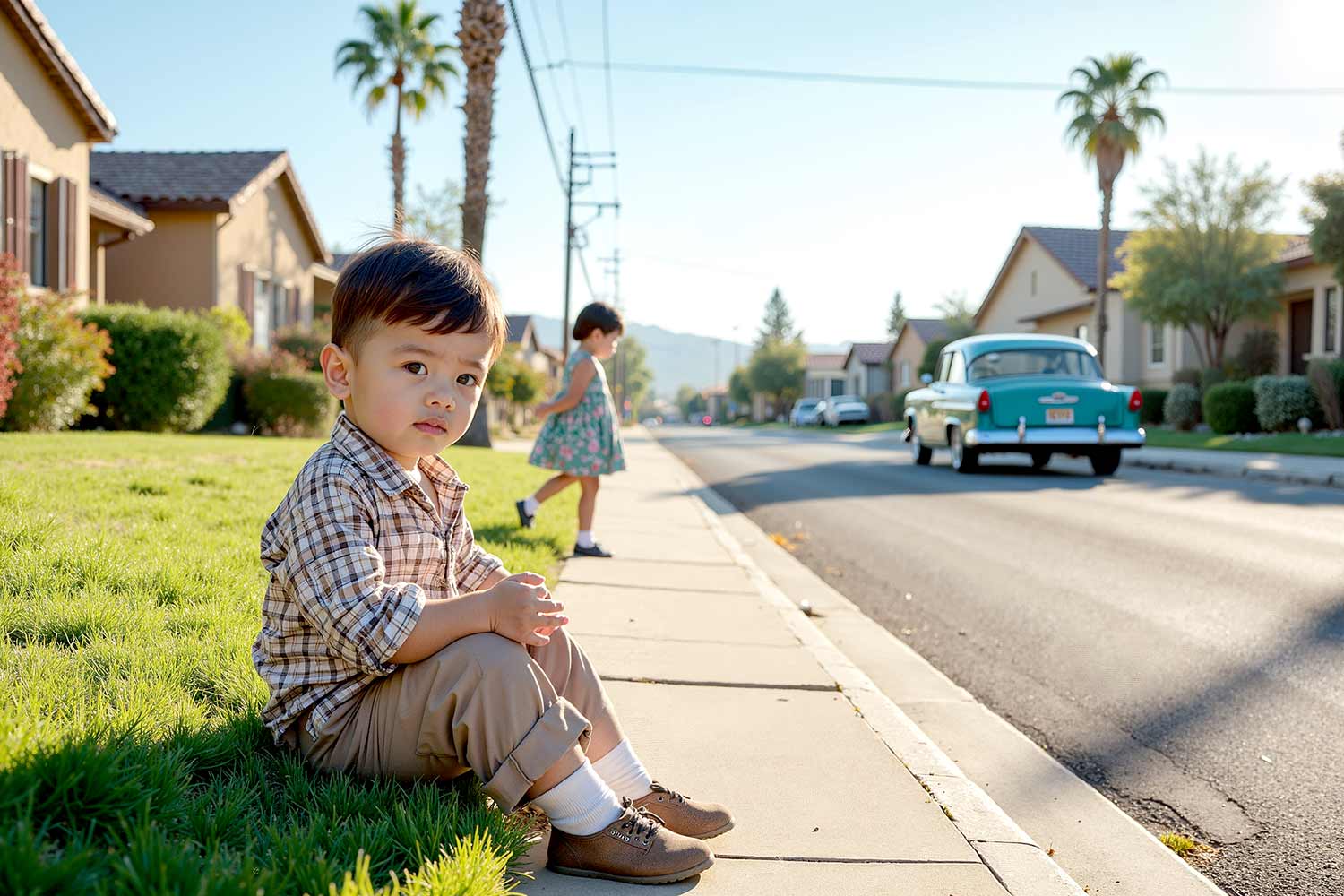 Nostalgic 1950s suburban Phoenix neighborhood scene featuring children playing and relaxing on manicured lawns and sidewalks. They don’t know about the lead paint dangers that await them. Warm late afternoon sunlight highlights classic stucco houses, desert landscaping with cacti, and a vintage teal sedan parked on the street. The scene captures the innocence and tranquility of mid-century American neighborhood life. lead paint in older neighborhoods