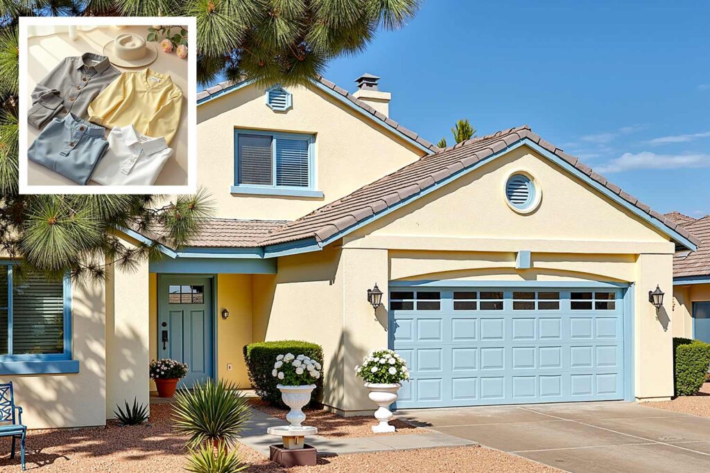 Arcadia cottage house with buttercream walls and pewter trim dusty blue accents, house colors inspired by clothing, house paint colors, using your wardrobe to help design your color palette , house color schemes, house painting inspiration, home paint colors, paint color inspiration, Fashion-inspired home colors, Wardrobe-inspired color palettes