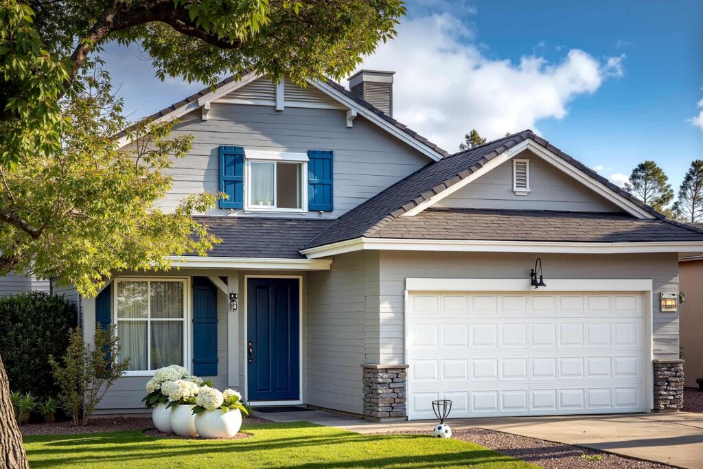 Arcadia home with light gray siding and crisp white trim and navy-blue front door, classic light gray house with white trim navy door fresh paint and obvious peeling paint near window in scottsdale morning light, suburban house with light gray siding, white trim, and navy blue front door, freshly painted except for a clear area of peeling paint and wood rot beneath one front window. Two-car garage faces a dirty, stained driveway in a Scottsdale neighborhood. Lush landscaping, dynamic morning sunlight, and lived-in details complete the scene. Why does my house look dirty even after cleaning? Does my house need to be painted? , does my house need to be painted, does my home need repainting, should I repaint my house, is it time to repaint my house, time to repaint my home, when should I paint my house, how to know if house needs painting, exterior house painting, painting the outside of your house, exterior painting, house exterior painting, house painting outside, painting home exterior