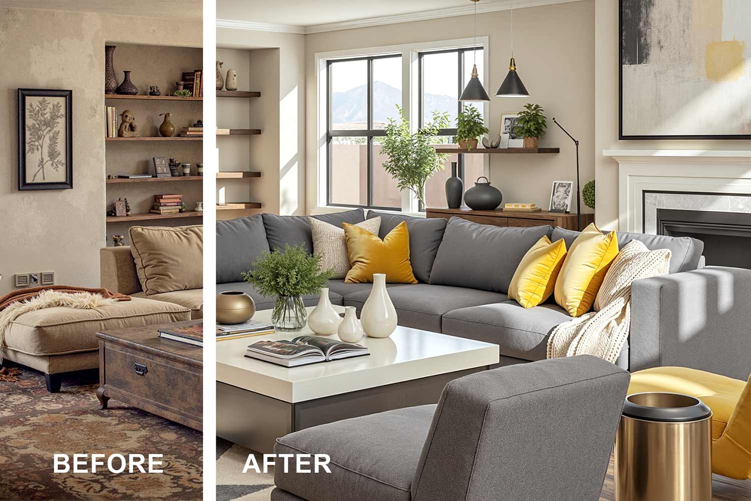 split image of a before and after painting, before is a drab living room, after is a modern living room in a Scottsdale neighborhood featuring warm tan walls, shiny cream trim, and stylish golden yellow and dark gray accents. Light oak hardwood floors, contemporary furnishings, bold abstract art, and dramatic late afternoon sunlight create a warm and inviting space with moody, dynamic lighting. The Power of Paint: Interior Painting Before & After, living room, Cost to Paint the Interior of Your House in Phoenix, interior house painting cost, painting home interior cost, cost to paint over water damage