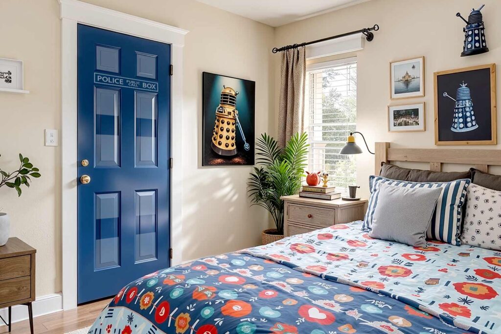 Dr Who bedroom with Tardis door and cream walls and trim and wood flooring, Dr. Who personalized bedroom with a custom portrait door cream walls and pale wood flooring in a Phoenix home featuring artistic décor and dramatic moody lighting, room color plan, interior color palette, color coordination for interiors, house paint colors (interior), indoor paint colors, home interior colors, interior paint color ideas, coordinating interior colors, matching interior colors, interior color combinations, color pairings for home