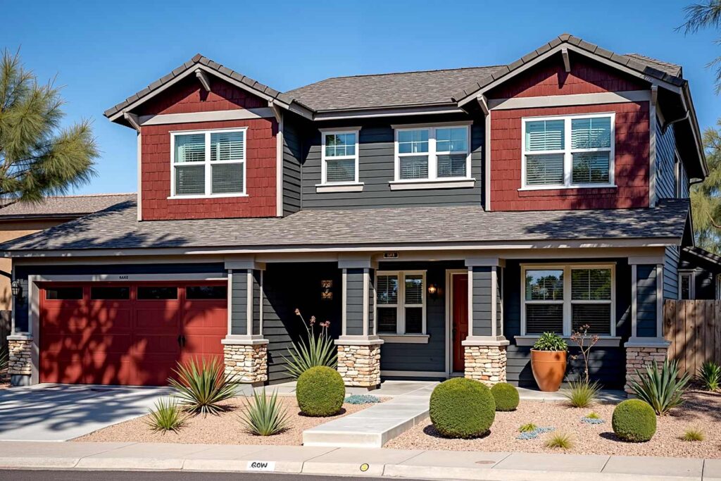 Large modern craftsman home with dark gray siding and trim accented by bold red garage door, front door, and upper window shutters in a Scottsdale neighborhood. Features stone-clad pillars, desert landscaping with succulents and trimmed shrubs, and a light gray concrete driveway showing dirt and stains from years of use. Dramatic late afternoon sunlight casts deep shadows and bright highlights emphasizing the textures and colors of the home’s exterior. red and gray house, Transform Your Home's Curb Appeal with one of the Best Exterior Painting Contractors in Phoenix, best exterior painting contractors, exterior painting contractor near me, exterior painting contractors near me, exterior paint contractor near me, exterior paint contractors near me, exterior painting company near me, exterior house painting contractors, exterior home painting contractors, exterior painting contractor, exterior painting contractors, exterior paint contractors