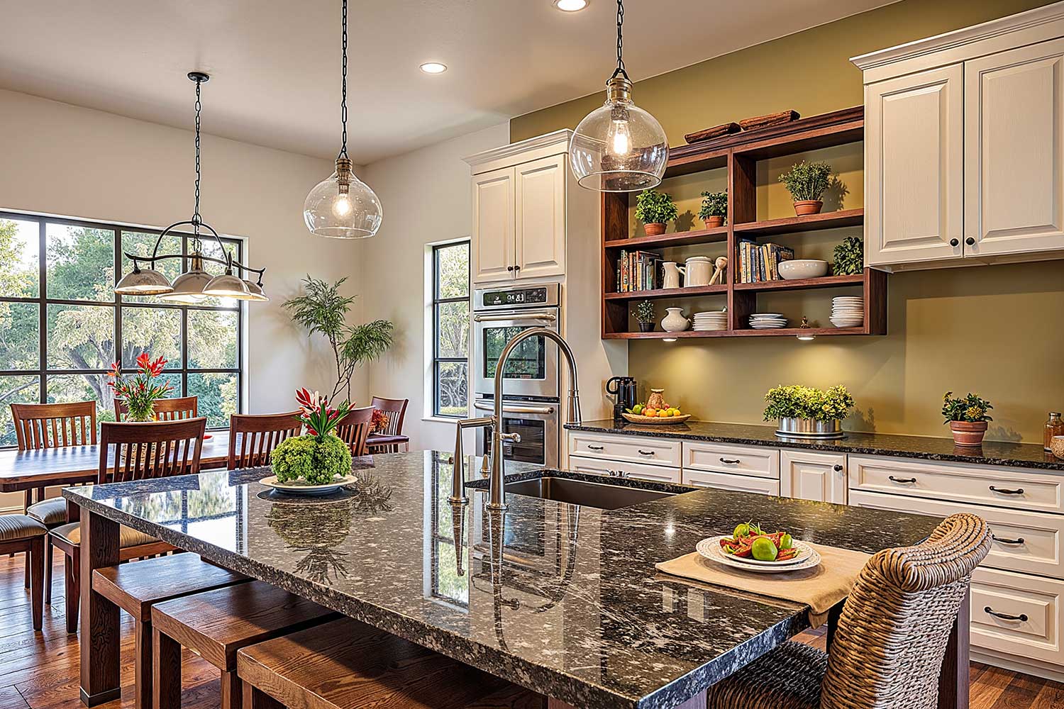 Rustic Farmhouse Kitchen with cream cabinets and Ochre accent wall, accent wall color ideas, home color schemes, interior color choices, interior color schemes, ideas for accent walls, feature wall colors