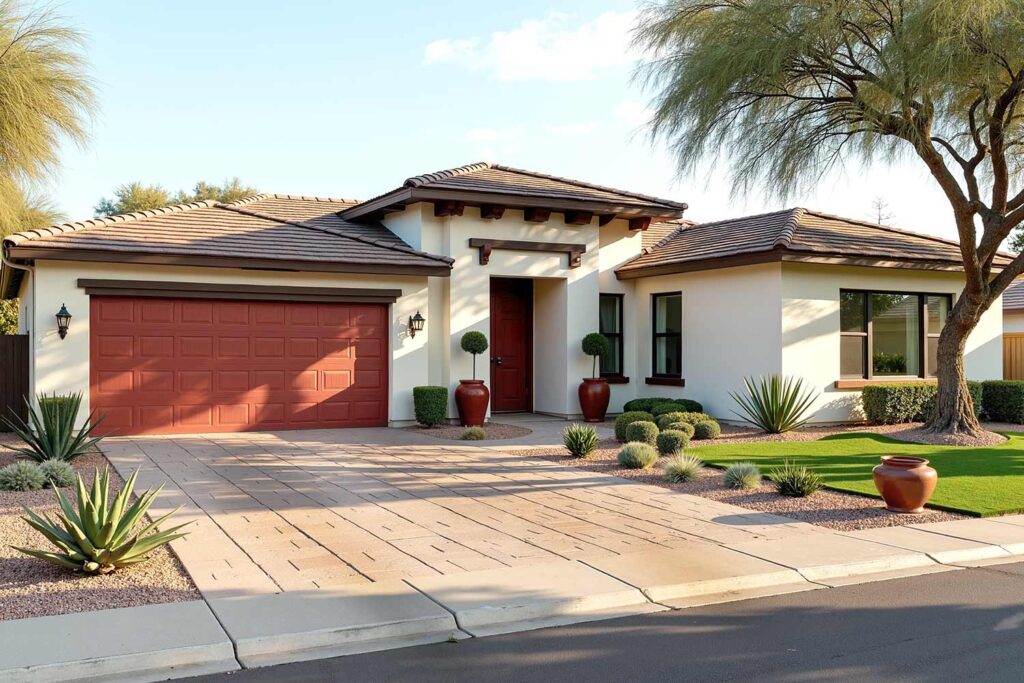 Large modern craftsman home with cream stucco walls and dark brown trim in a Scottsdale neighborhood. Features a bold deep muted red front door and side gate, dark brown shingle roof, and a stone paver driveway showing dirt and stains from years of use. Desert landscaping with artificial turf, agave, and cacti complements the fresh paint. Dramatic late afternoon sunlight casts deep shadows and bright highlights emphasizing the textures and colors of the home and yard. brown and cream house, Transform Your Home's Curb Appeal with one of the Best Exterior Painting Contractors in Phoenix, best exterior painting contractors, exterior painting contractor near me, exterior painting contractors near me, exterior paint contractor near me, exterior paint contractors near me, exterior painting company near me, exterior house painting contractors, exterior home painting contractors, exterior painting contractor, exterior painting contractors, exterior paint contractors