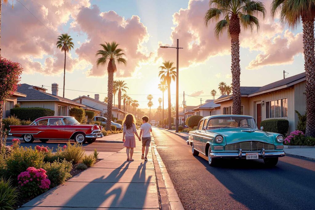 A nostalgic 1950s suburban neighborhood street at sunset with ranch-style houses, tall palm trees, classic vintage cars, and children walking on the sidewalk. Warm golden light casts long shadows and highlights the peaceful, inviting atmosphere of a close-knit community. The children don’t know about the lead paint dangers that await them. Warm late afternoon sunlight highlights classic stucco houses, desert landscaping with cacti, and a vintage teal sedan parked on the street. The scene captures the innocence and tranquility of mid-century American neighborhood life. lead paint in older neighborhoods.