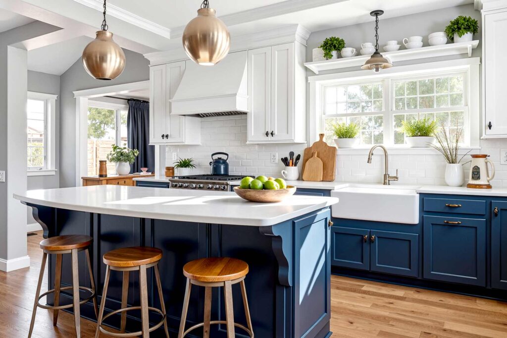 Two-toned kitchen with white upper cabinets and navy blue lower cabinets , classic two toned kitchen white upper cabinets navy blue lower cabinets scottsdale neighborhood, Classic two-toned kitchen in a Scottsdale neighborhood featuring white upper cabinets and navy blue lower cabinets with recessed panel design. Freshly painted with shiny semi-gloss trim and a white quartz countertop. The kitchen is styled with wooden cutting boards, ceramic pitchers, potted plants, and knife blocks. Harsh morning sunlight streams through a large window casting dramatic shadows and highlights, creating a moody and dynamic atmosphere, average cabinet painting cost in Phoenix Arizona, Average Cost to paint cabinets Phoenix Arcadia AZ, cost to paint cabinets, cabinet painting cost, cabinet painting phoenix, painting cabinets vs replacing them, cost to replace cabinets, two color cabinets, best cabinet painter