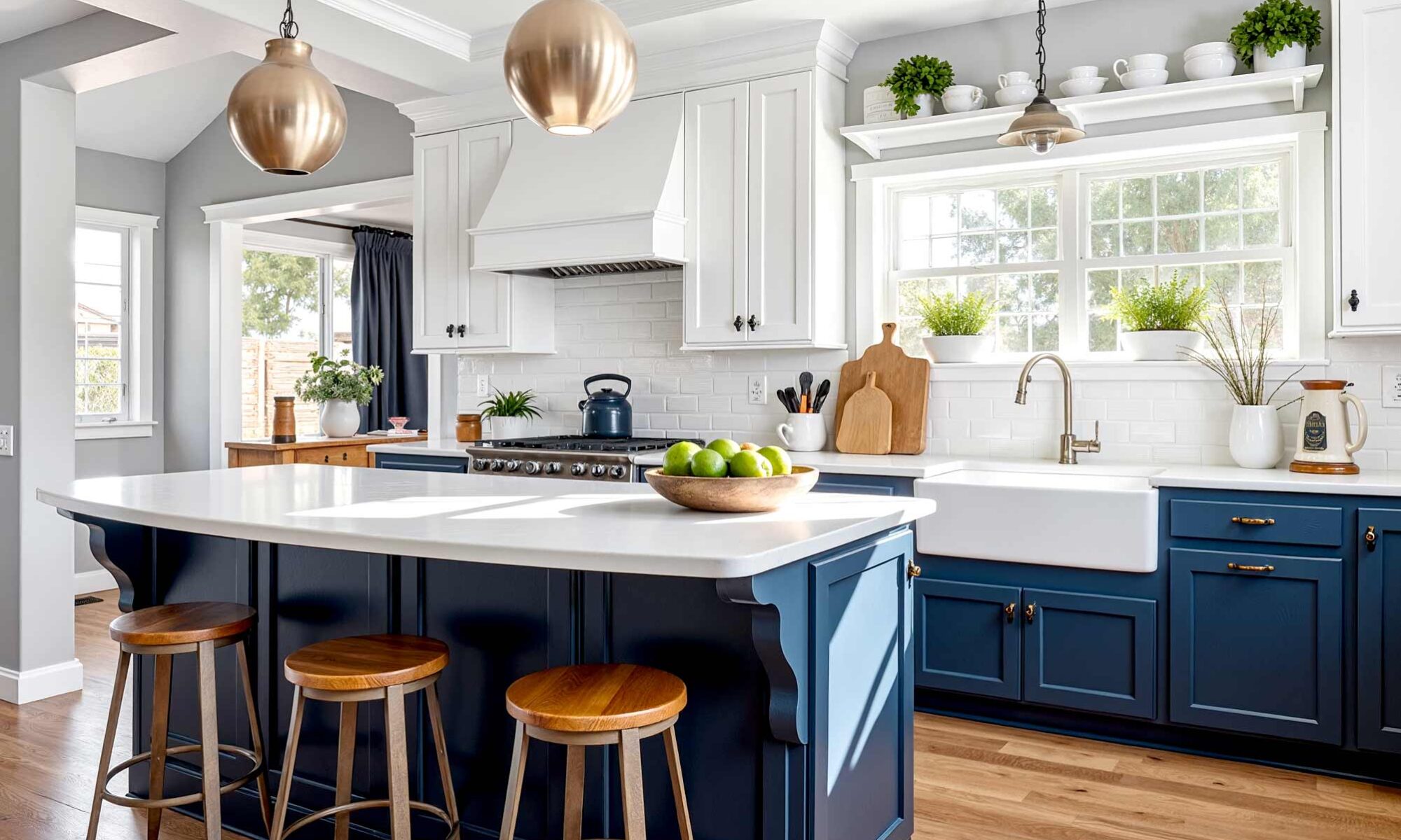 Two-toned kitchen with white upper cabinets and navy blue lower cabinets , classic two toned kitchen white upper cabinets navy blue lower cabinets scottsdale neighborhood, Classic two-toned kitchen in a Scottsdale neighborhood featuring white upper cabinets and navy blue lower cabinets with recessed panel design. Freshly painted with shiny semi-gloss trim and a white quartz countertop. The kitchen is styled with wooden cutting boards, ceramic pitchers, potted plants, and knife blocks. Harsh morning sunlight streams through a large window casting dramatic shadows and highlights, creating a moody and dynamic atmosphere, average cabinet painting cost in Phoenix Arizona, Average Cost to paint cabinets Phoenix Arcadia AZ, cost to paint cabinets, cabinet painting cost, cabinet painting phoenix, painting cabinets vs replacing them, cost to replace cabinets, two color cabinets, best cabinet painter