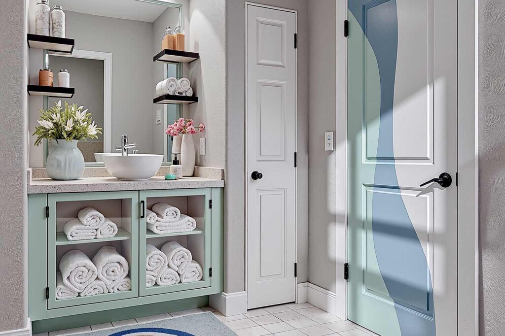 bathroom with wavy pastel blue and green door and light gray walls and white trim, playful bathroom with a wavy pastel blue and pastel greenish-blue door light gray walls and tile flooring in a Phoenix home featuring cheerful décor and dramatic moody lighting, painting interior doors, door painting ideas, interior door painting, interior color scheme, interior house colors, interior color pairings, painting inside doors, painting indoor doors, painting doors inside the house, interior door makeover, updating interior doors with paint