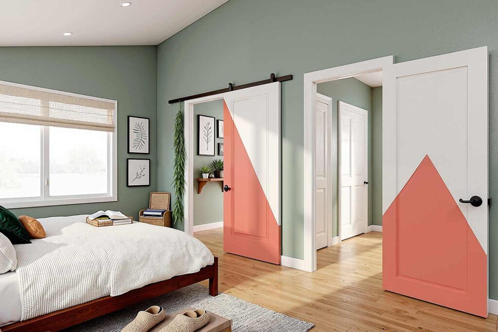 bedroom with geometric coral and white door and misty green walls with wood floors, modern bedroom with a geometric coral and white door misty green walls and light oak floors in a scottsdale home with cozy décor and dramatic moody lighting, painting interior doors, door painting ideas, interior door painting, interior color scheme, interior house colors, interior color pairings, painting inside doors, painting indoor doors, painting doors inside the house, interior door makeover, updating interior doors with paint
