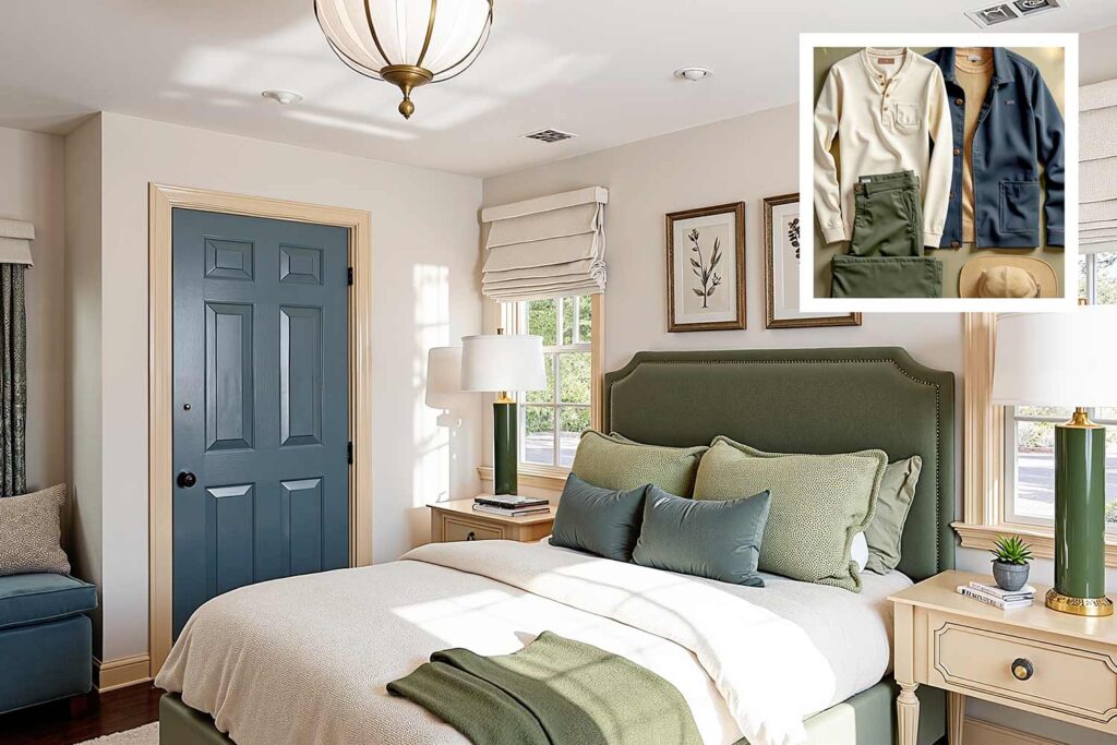 bedroom with ivory walls with pale gold trim and slate blue door and moss green bedding, house colors inspired by clothing, house paint colors, using your wardrobe to help design your color palette , house color schemes, house painting inspiration, home paint colors, paint color inspiration, Fashion-inspired home colors, Wardrobe-inspired color palettes