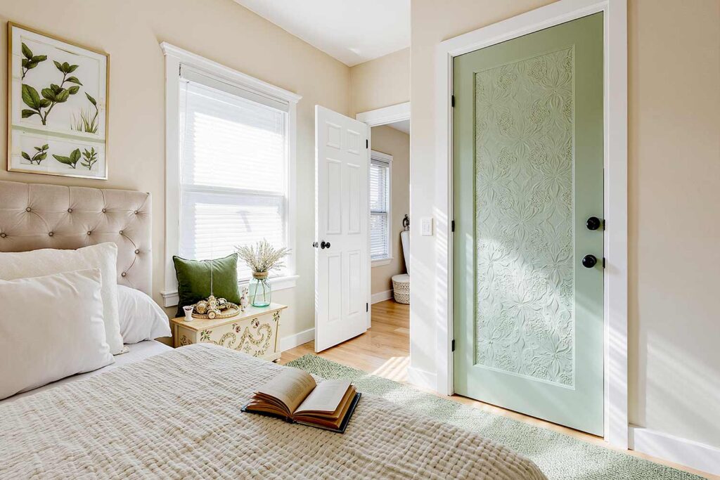 bedroom with ornate textured pale green door and ivory walls and cream trim, luxe bedroom with an ornate textured pale green door ivory walls and pale wood flooring in a Arcadia home featuring luxurious décor and dramatic moody lighting, painting interior doors, door painting ideas, interior door painting, interior color scheme, interior house colors, interior color pairings, painting inside doors, painting indoor doors, painting doors inside the house, interior door makeover, updating interior doors with paint