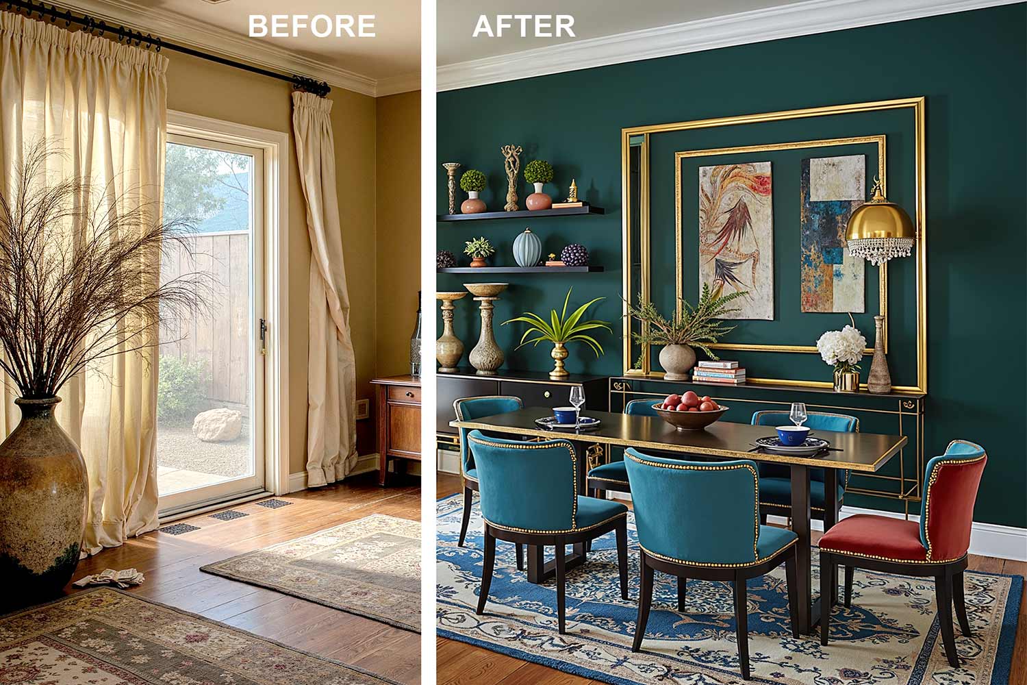 split image of a before and after painting, before is a frumpy dining room room, after is a luxurious dining room in a Scottsdale neighborhood featuring deep jewel-tone walls, shiny white trim, and warm oak hardwood floors. The space includes a polished dark wood table, velvet upholstered chairs, a gold chandelier, and layered jewel-toned décor with dramatic late afternoon sunlight casting moody shadows and bright highlights for a rich, inviting atmosphere. The Power of Paint: Interior Painting Before & After, dining room, Cost to Paint the Interior of Your House in Phoenix, interior house painting cost, painting home interior cost, dining room painting cost