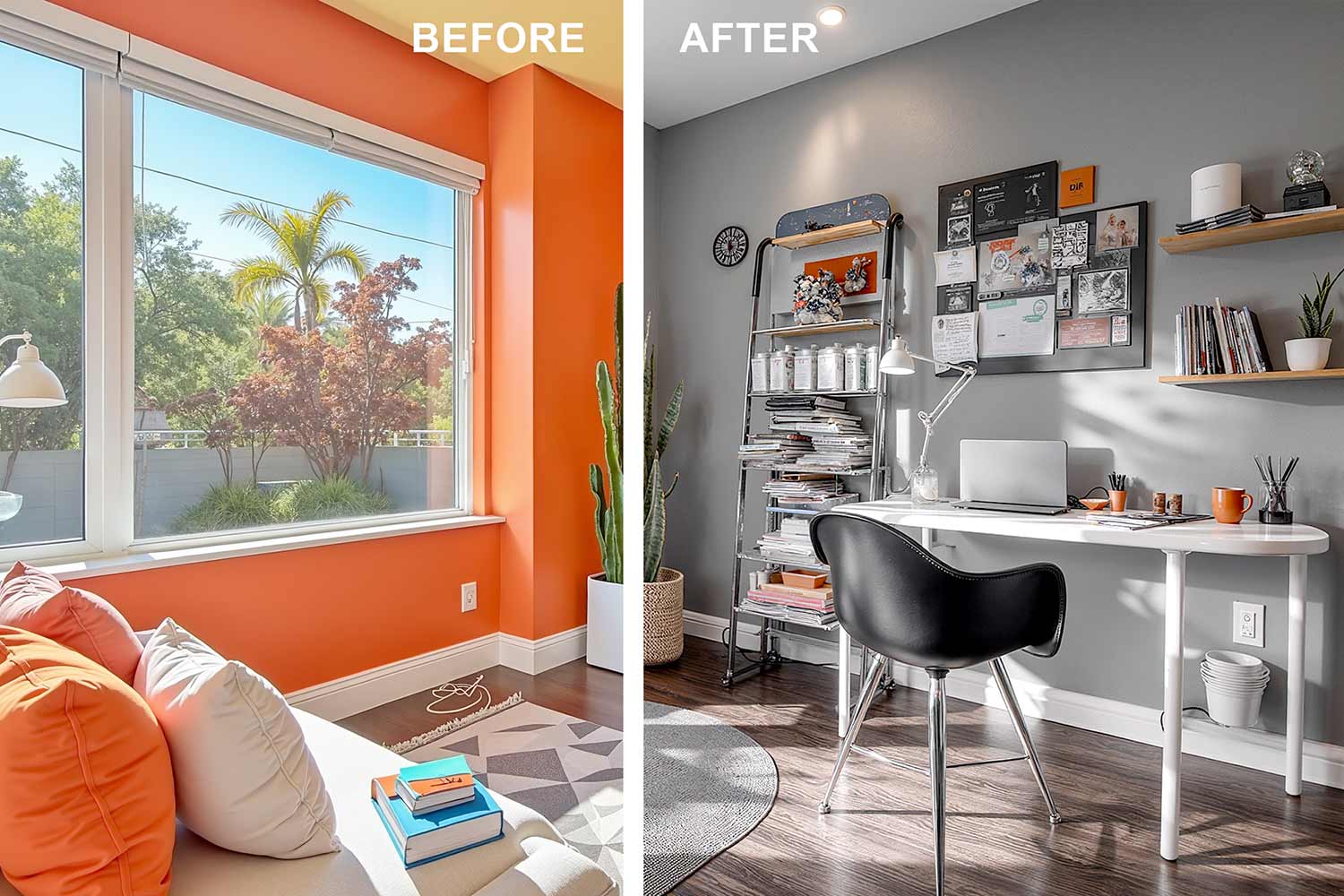 split image of a before and after painting home office -- BEFORE: Energetic home office in a Scottsdale neighborhood featuring bright orange walls, shiny white trim, and dark walnut hardwood floors. The space includes a sleek white desk, ergonomic chair, floating shelves with books and plants, and bold abstract art. Late afternoon sunlight casts dramatic shadows and highlights, creating a vibrant and inspiring workspace full of color and energy. AFTER: Soothing home office in a Scottsdale neighborhood featuring light gray walls, shiny white trim, and dark walnut hardwood floors. The space includes a sleek white desk, ergonomic gray chair, floating shelves with books and plants, and soft abstract artwork. Late afternoon sunlight casts dramatic shadows and highlights, creating a calm and focused workspace with a modern, neutral palette. Cost to Paint the Interior of Your House in Phoenix, interior house painting cost, painting home interior cost, living room painting cost