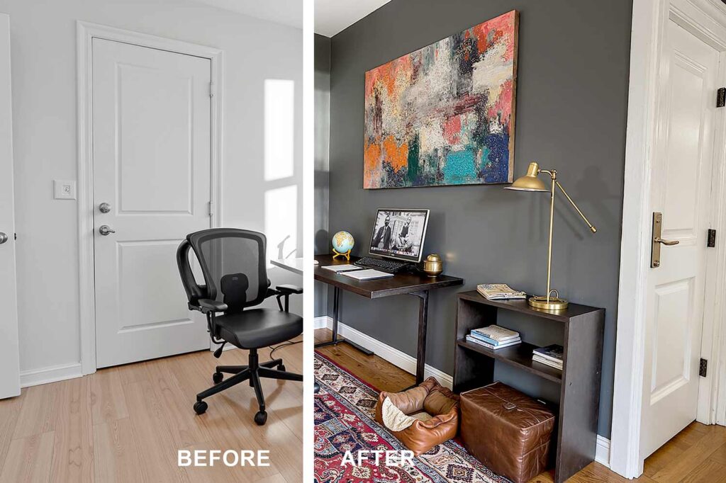 split image of a before and after painting, before is a white room, after is an eclectic den and home office in a Scottsdale neighborhood featuring deep charcoal gray walls with shiny white trim, medium oak hardwood floors, and abundant décor including built-in bookshelves filled with books plants and art. Plush seating, vintage lamps, and dramatic late afternoon sunlight create a warm, moody, and inviting workspace. The Power of Paint: Interior Painting Before & After, den, family room, The Impact of Fresh Paint on the Overall Look and Feel of a Space