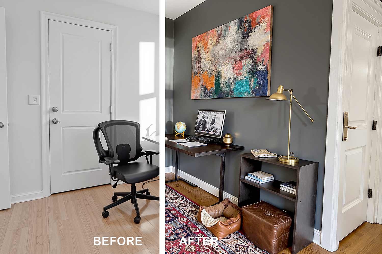 split image of a before and after painting, before is a white room, after is an eclectic den and home office in a Scottsdale neighborhood featuring deep charcoal gray walls with shiny white trim, medium oak hardwood floors, and abundant décor including built-in bookshelves filled with books plants and art. Plush seating, vintage lamps, and dramatic late afternoon sunlight create a warm, moody, and inviting workspace. The Power of Paint: Interior Painting Before & After, den, family room, The Impact of Fresh Paint on the Overall Look and Feel of a Space, Cost to Paint the Interior of Your House in Phoenix, interior house painting cost, painting home interior cost, cost to paint living room