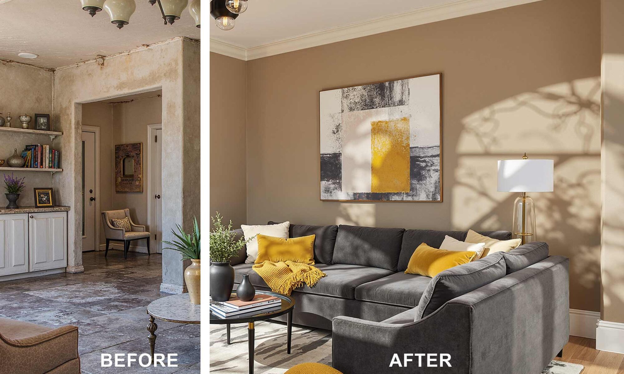 split image of before and after, before is a frumpy living room with dingy walls, after is a modern living room with tan walls cream trim and golden yellow and dark gray accents in a Phoenix Arcadia neighborhood features plush gray sectional golden yellow pillows modern furnishings and bold contemporary décor with dramatic sunlight and shadows, The Power of Paint: Interior Painting Before & After, living room, Arcadia House Interior Painting Phoenix Before After Feature