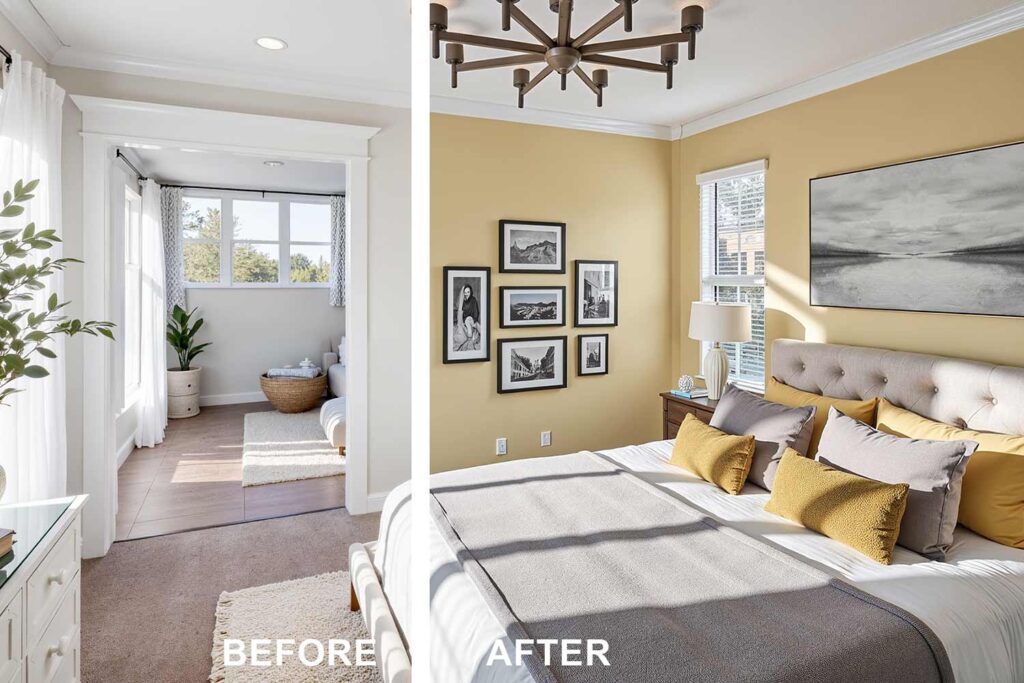 split image of a before and after painting a bedroom yellow. Well-furnished bedroom in a Scottsdale neighborhood featuring light neutral walls, shiny white trim, and soft taupe carpeting. The space includes a tufted beige king-size bed with layered bedding, wooden nightstands, abstract artwork, a cozy reading nook with a gray armchair, and dramatic late afternoon sunlight casting moody shadows and bright highlights for a calm and inviting retreat. The Power of Paint: Interior Painting Before & After, child's room to home office and guest room, Tips for hiring a professional interior painter like me