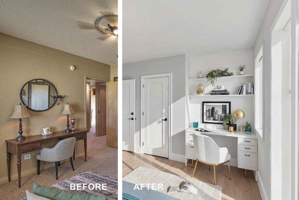 split image of a before and after painting, before is a drab bedroom, after is a modern dual-purpose bedroom and home office with light gray walls white trim and teal accents in a scottsdale neighborhood featuring oak floors contemporary furnishings and dramatic sunlight plush bedding sleek desk floating shelves and layered decor for a fresh inviting vibe, The Power of Paint: Interior Painting Before & After, living room, Arcadia House Interior Painting Phoenix Before After Feature, The Power of Paint: Interior Painting Before & After, child's room to home office,