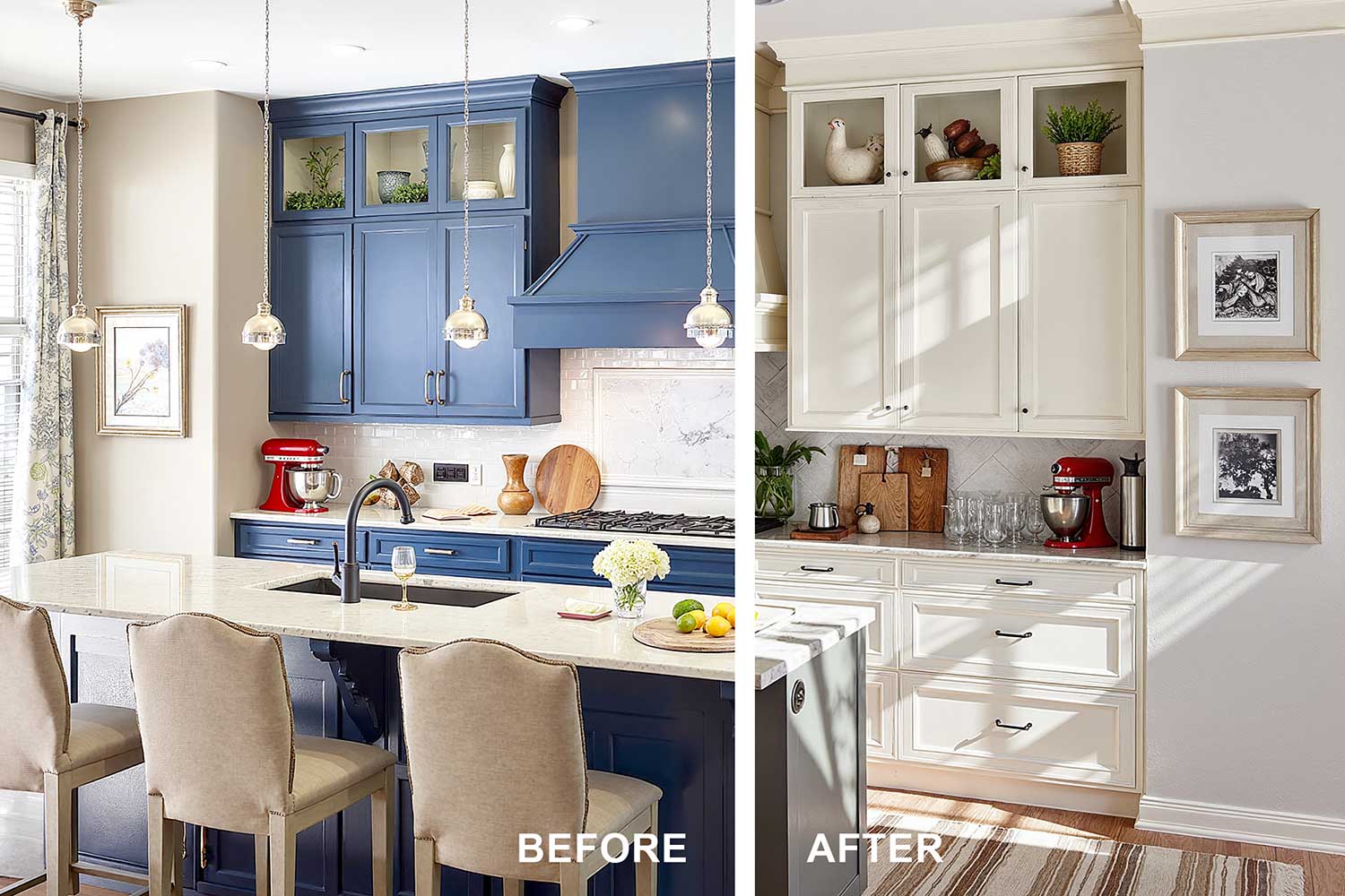 split image of a before and after painting blue kitchen cabinets cream. A welcoming Scottsdale kitchen with freshly painted light taupe walls, cream shaker cabinets, cream trim, and medium stone countertops. Features oak flooring, bright sunlight, and décor including cutting boards, a red stand mixer, a bowl of fruit, framed botanical art, and potted herbs. The space feels fresh, lived-in, and filled with natural light. cabinet painting Kitchen cabinets before after Bryce House Painting house painting