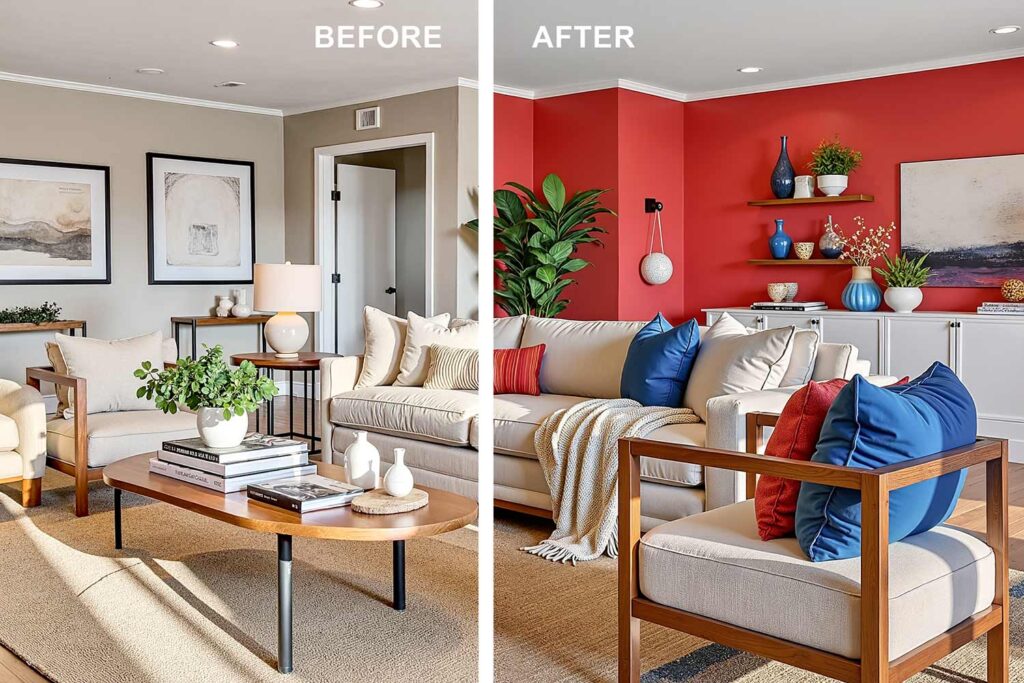 split image of a before and after painting. BEFORE: Calm neutral family room in a Scottsdale neighborhood featuring warm taupe walls, shiny white trim, and light oak hardwood floors. The space includes a plush beige sectional sofa, woven jute rug, abstract art, and greenery with dramatic late afternoon sunlight casting moody shadows and bright highlights to create a cozy and elegant atmosphere. AFTER: Energetic family room in a Scottsdale neighborhood featuring bold red walls, shiny white trim, and warm oak hardwood floors. The space includes a white sectional sofa with red and blue throw pillows, a blue geometric rug, colorful abstract art, and built-in white shelving with blue glass sculptures. Late afternoon sunlight casts dramatic shadows and highlights, creating a lively and vibrant atmosphere full of energy and color.