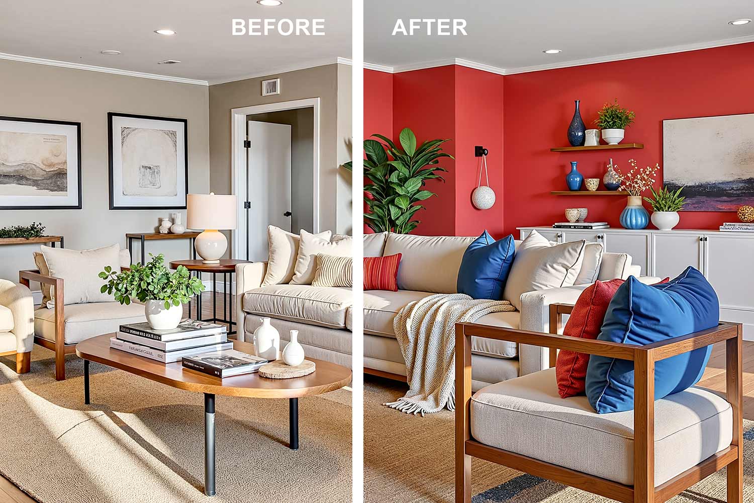 split image of a before and after painting. BEFORE: Calm neutral family room in a Scottsdale neighborhood featuring warm taupe walls, shiny white trim, and light oak hardwood floors. The space includes a plush beige sectional sofa, woven jute rug, abstract art, and greenery with dramatic late afternoon sunlight casting moody shadows and bright highlights to create a cozy and elegant atmosphere. AFTER: Energetic family room in a Scottsdale neighborhood featuring bold red walls, shiny white trim, and warm oak hardwood floors. The space includes a white sectional sofa with red and blue throw pillows, a blue geometric rug, colorful abstract art, and built-in white shelving with blue glass sculptures. Late afternoon sunlight casts dramatic shadows and highlights, creating a lively and vibrant atmosphere full of energy and color, Cost to Paint the Interior of Your House in Phoenix, interior house painting cost, painting home interior cost, cost to paint with bright colors