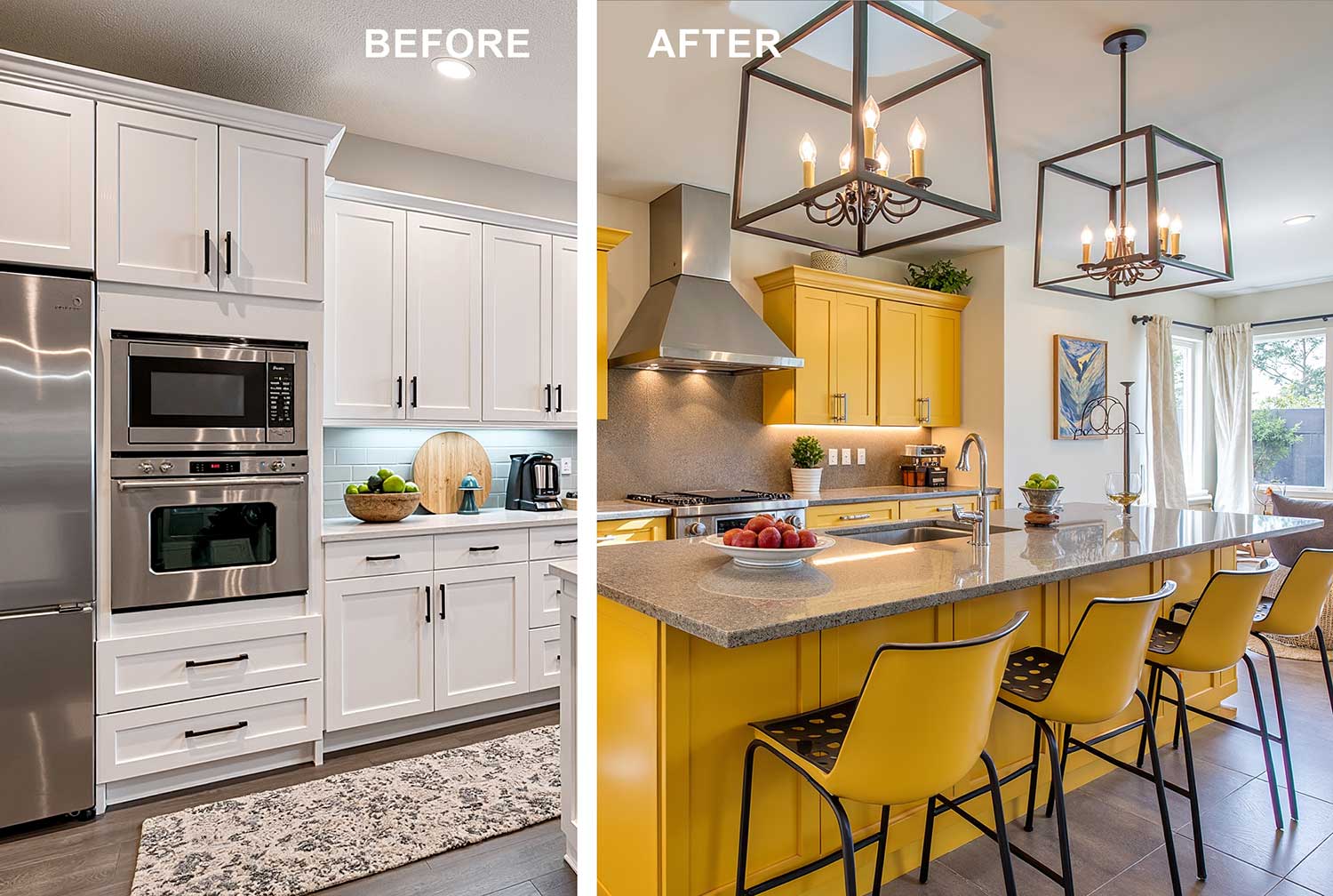 split image of a before and after painting white kitchen cabinets golden yellow. A luxurious, high-tech Scottsdale kitchen with fresh white, then yellow, Shaker cabinets, medium-toned countertops, off-white walls, and shiny white trim. The fully renovated space features smart appliances, dynamic lighting, and modern décor, creating an ultra-realistic scene with a sophisticated and inviting atmosphere. cabinet painting Kitchen cabinets before after Bryce House Painting house painting