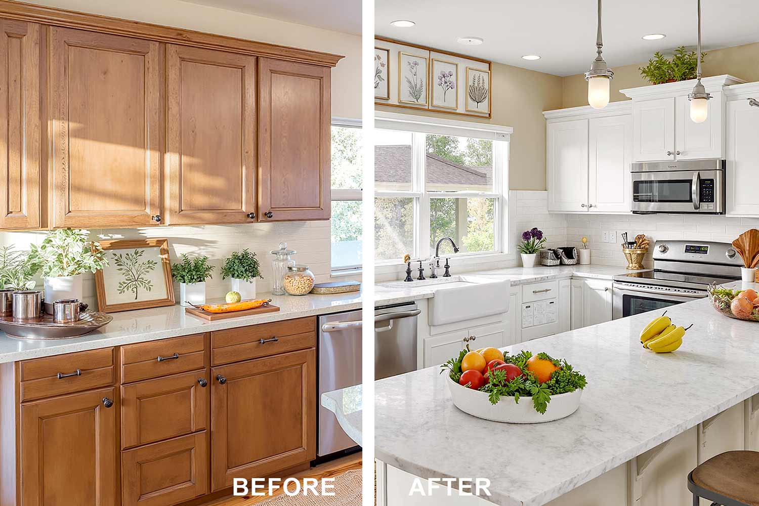 split image of a before and after painting kitchen cabinets white. Cozy Phoenix neighborhood kitchen with warm medium wood raised panel cabinets on the left and white ones on the right, soft cream walls, and shiny white trim. Features honey oak hardwood floors, wooden cutting board with fresh vegetables, ceramic fruit bowl, herb garden, copper pots, and dramatic sunlight casting moody shadows and bright highlights for a timeless and inviting space. The Power of Paint: Interior Painting Before & After, kitchen cabinet painting, The Magic and Impact of Interior Painting on Your Home... and You, cabinet painting Kitchen cabinets before after Bryce House Painting house painting