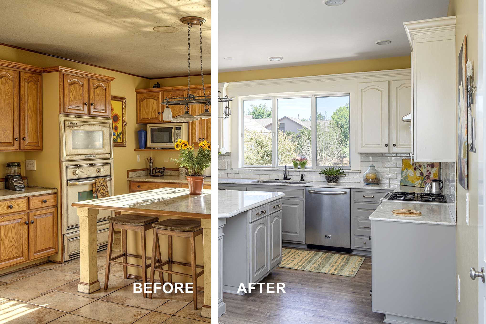 split image of a before and after painting kitchen cabinets. Before: A frumpy, run-down Scottsdale kitchen with faded light yellow walls, worn oak recessed-panel cabinets, cream trim, and light countertops. The space is cluttered with mismatched décor, old appliances, and faded artwork. Harsh sunlight and dramatic shadows emphasize the kitchen’s tired, lived-in character. After: A brand new, freshly painted Scottsdale kitchen with light gray lower cabinets, white uppers, light yellow walls, and shiny cream trim. The transitional space looks airy and sophisticated with bright sunlight, modern décor, and abundant food prep items, all viewed from the corner for a dynamic and inviting feel. cabinet painting Kitchen cabinets before after Bryce House Painting house painting