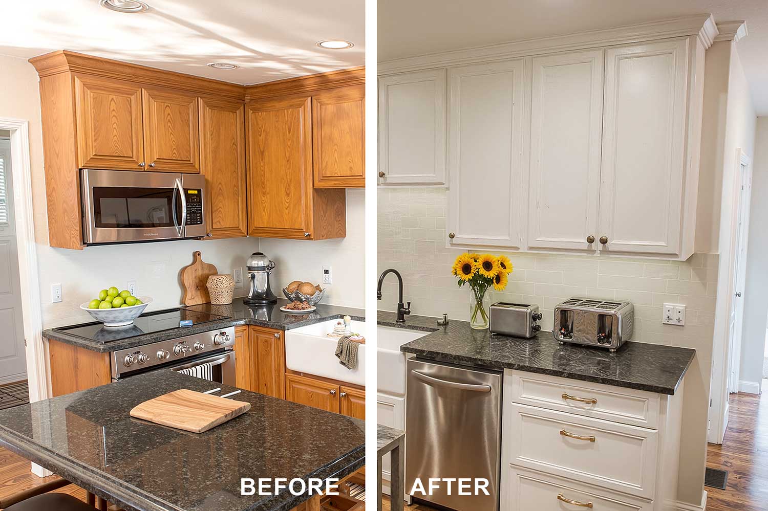 split image of a before and after painting kitchen cabinets white. A warm, contemporary Scottsdale kitchen with cream walls, glossy white trim, dark stone countertops, and wood recessed-panel cabinets which have been painted white. Features oak hardwood floors, bright sunlight casting deep shadows, and décor including cutting boards, fruit bowls, a stand mixer, potted herbs, and abstract artwork. The space feels freshly painted, inviting, and filled with natural light. cabinet painting Kitchen cabinets before after Bryce House Painting house painting, interior painting near me