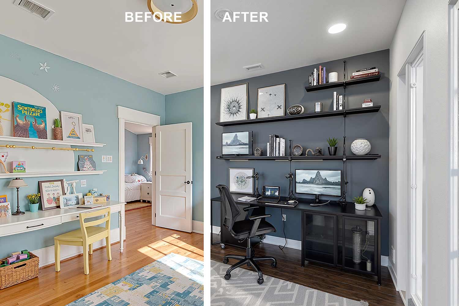 split image of a before and after painting, before is a child’s bedroom room, after is a high-tech home office in a Scottsdale neighborhood featuring cool gray walls, shiny white trim, and sleek dark hardwood flooring. The space includes a minimalist desk with multiple monitors, ergonomic chair, floating shelves with tech gadgets, and futuristic artwork. Dramatic late afternoon sunlight casts moody shadows and bright highlights, creating a modern and efficient workspace, Cost to Paint the Interior of Your House in Phoenix, interior house painting cost, painting home interior cost, cost to paint stucco