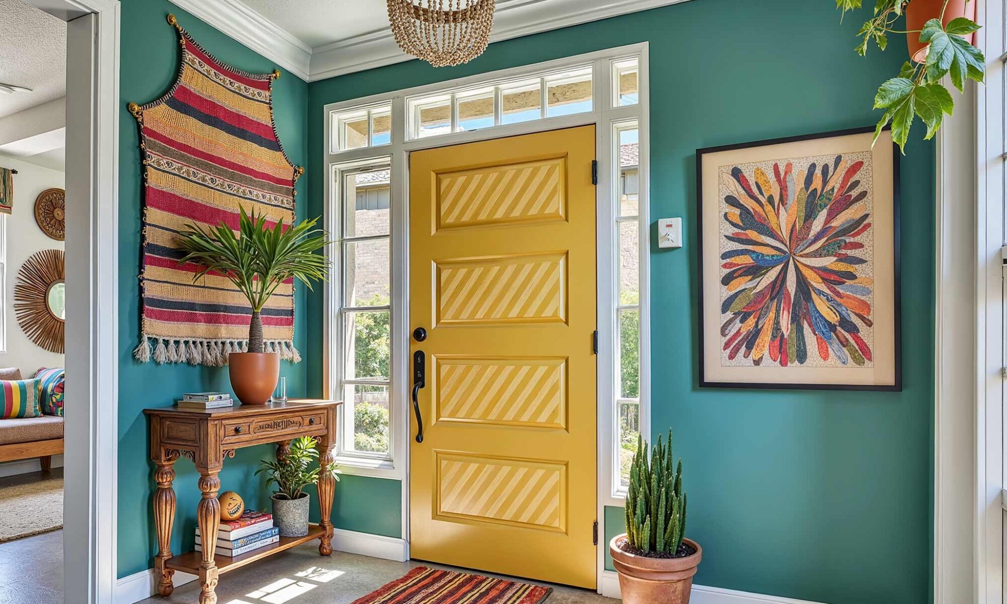 bohemian entryway teal walls white trim and ochre diagonally striped door, bohemian entryway with teal walls white trim and dark wood flooring in a scottsdale home featuring a deep yellow ochre striped door and bold, saturated décor with dramatic moody lighting, the diagonal stripes are painted only within the inner panels, painting interior doors, door painting ideas, interior door painting, interior color scheme, interior house colors, interior color pairings, painting inside doors, painting indoor doors, painting doors inside the house, interior door makeover, updating interior doors with paint