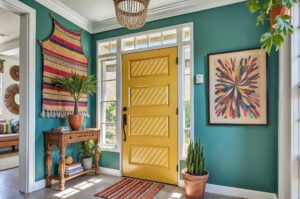 bohemian entryway teal walls white trim and ochre diagonally striped door, bohemian entryway with teal walls white trim and dark wood flooring in a scottsdale home featuring a deep yellow ochre striped door and bold, saturated décor with dramatic moody lighting, the diagonal stripes are painted only within the inner panels, painting interior doors, door painting ideas, interior door painting, interior color scheme, interior house colors, interior color pairings, painting inside doors, painting indoor doors, painting doors inside the house, interior door makeover, updating interior doors with paint