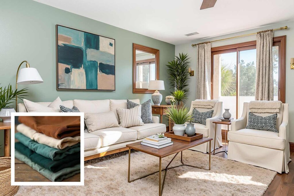 celadon green living room with walnut trim and deep teal accent, house colors inspired by clothing, house paint colors, using your wardrobe to help design your color palette , house color schemes, house painting inspiration, home paint colors, paint color inspiration, Fashion-inspired home colors, Wardrobe-inspired color palettes