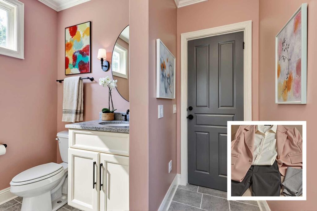chic powder room with warm blush pink walls and cream trim and deep graphite door, Dressing your home in style, Color palette ideas from fashion, Home painting ideas from personal style, Trend-inspired house painting, Color matching home and wardrobe, Lifestyle-inspired paint schemes, Signature style home colors, Personalized home color inspiration, Fashion palette for interiors, Wearable color trends for homes, Home decor inspired by favorite outfits