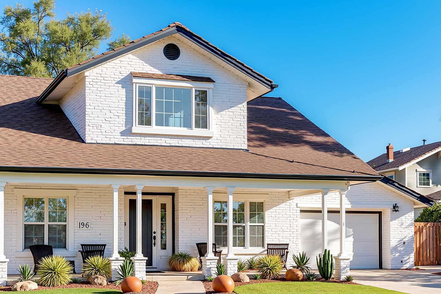 classic Phoenix bungalow with white brick and black trim and black door, classic bungalow-style home with fresh white brick, bold black trim, and a dark brown shingle roof, featuring lush desert landscaping and dramatic shadows cast by harsh Scottsdale sunlight. Ultra-realistic scene viewed from a 30-degree street angle, with a two-car garage, unobstructed driveway, and vibrant xeriscape yard, 2 coats of paint are better than 1 in house painting, Bryce House Painting, two coats of paint benefits, why two coats of paint are better, is two coats of paint necessary, painting with two coats vs one coat, best paint coverage with two coats, how many coats of paint do i need, two coats of paint for durability, professional painting two coats, painting tips two coats better, house painting two coats recommendation, interior painting two coats advantage, exterior painting two coats importance, two coats of paint for better finish, painting contractors recommend two coats, cost of two coats of paint vs one