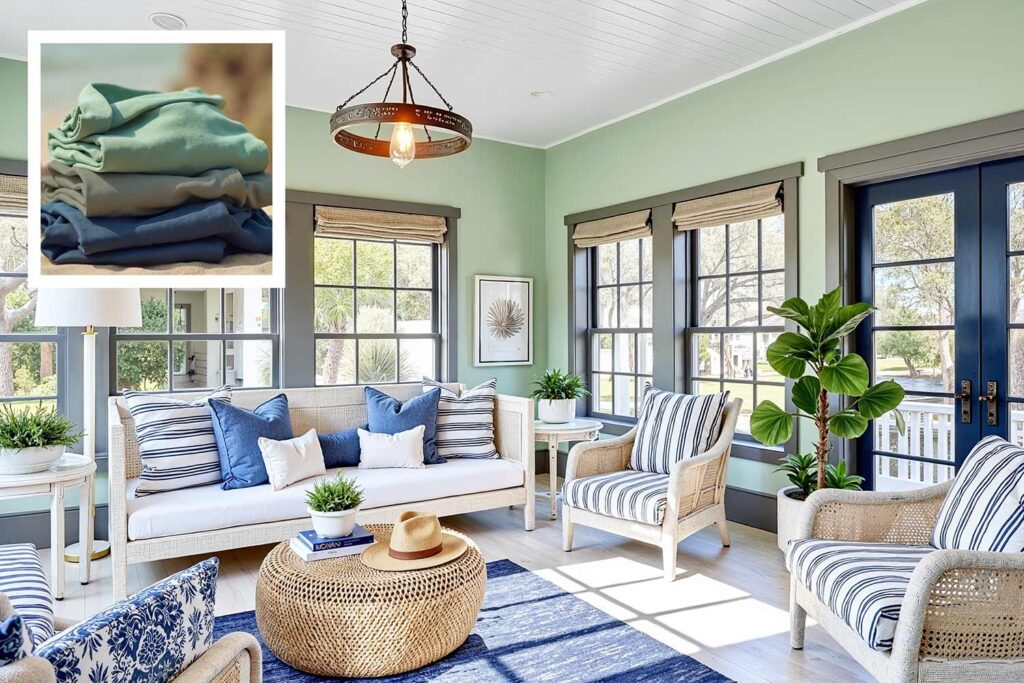 coastal sunroom with seafoam green walls and driftwood gray trim and navy-blue door, Dressing your home in style, Color palette ideas from fashion, Home painting ideas from personal style, Trend-inspired house painting, Color matching home and wardrobe, Lifestyle-inspired paint schemes, Signature style home colors, Personalized home color inspiration, Fashion palette for interiors, Wearable color trends for homes, Home decor inspired by favorite outfits