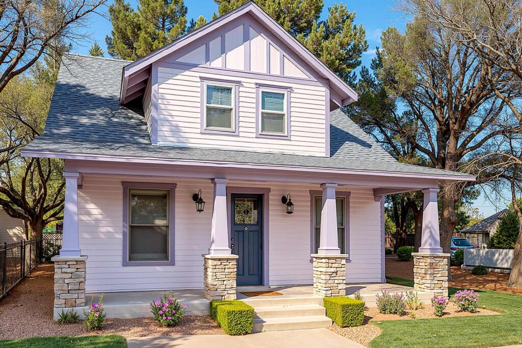 a charming craftsman-style bungalow with a soft lavender exterior and light purple trim. The house features a prominent covered front porch supported by four square columns set on stone bases. The front door is painted a muted blue, and there are two wall-mounted lantern-style lights flanking the door. The upper story has a small dormer with two windows, and the gray shingle roof has a steep pitch. The landscaping is neatly maintained with green grass, small bushes, blooming purple flowers, and tidy mulch beds. Tall trees surround the property, providing a shaded, welcoming feel. best exterior painting contractors, Transform Your Home's Curb Appeal with one of the Best Exterior Painting Contractors in Phoenix, best exterior painting contractors, exterior painting contractor near me, exterior painting contractors near me, exterior paint contractor near me, exterior paint contractors near me, exterior painting company near me, exterior house painting contractors, exterior home painting contractors, exterior painting contractor, exterior painting contractors, exterior paint contractors