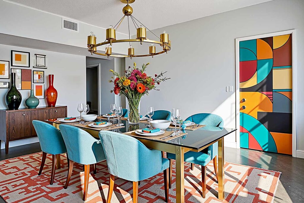 dining room with custom multi-color geometric door light gray walls white trim, maximalist dining room with a custom multicolor geometric door light gray walls and concrete floors in a Phoenix home featuring vibrant décor and dramatic moody lighting, room color plan, interior color palette, color coordination for interiors, house paint colors (interior), indoor paint colors, home interior colors, interior paint color ideas, coordinating interior colors, matching interior colors, interior color combinations, color pairings for home