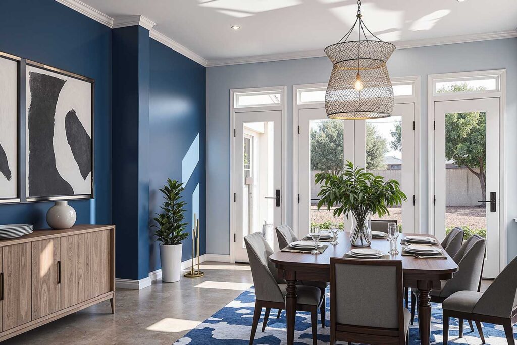 dining room with deep blue accent wall white trim and polished concrete floor, accent wall color ideas, home color schemes, interior color choices, interior color schemes, ideas for accent walls, feature wall colors