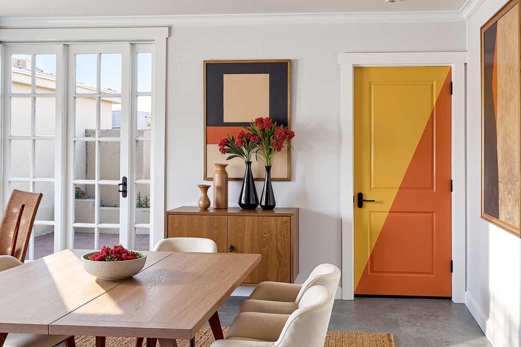 dining room with diagonal ochre and terracotta door neutral walls and white trim, modern dining room with a diagonal ochre and terracotta door light gray walls and concrete floors in a Phoenix home featuring modern décor and dramatic moody lighting, room color plan, interior color palette, color coordination for interiors, house paint colors (interior), indoor paint colors, home interior colors, interior paint color ideas, coordinating interior colors, matching interior colors, interior color combinations, color pairings for home