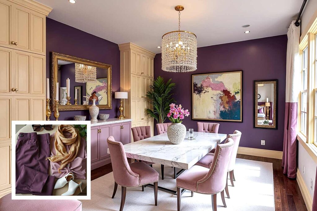 dining room with eggplant purple walls and champagne gold trim and dusty mauve cabinets, Dressing your home in style, Color palette ideas from fashion, Home painting ideas from personal style, Trend-inspired house painting, Color matching home and wardrobe, Lifestyle-inspired paint schemes, Signature style home colors, Personalized home color inspiration, Fashion palette for interiors, Wearable color trends for homes, Home decor inspired by favorite outfits