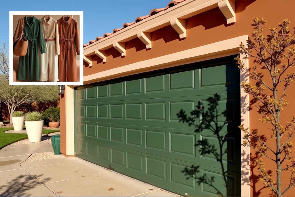 earthy house with clay terracotta walls and pale peach trim and forest green garage door, Dressing your home in style, Color palette ideas from fashion, Home painting ideas from personal style, Trend-inspired house painting, Color matching home and wardrobe, Lifestyle-inspired paint schemes, Signature style home colors, Personalized home color inspiration, Fashion palette for interiors, Wearable color trends for homes, Home decor inspired by favorite outfits