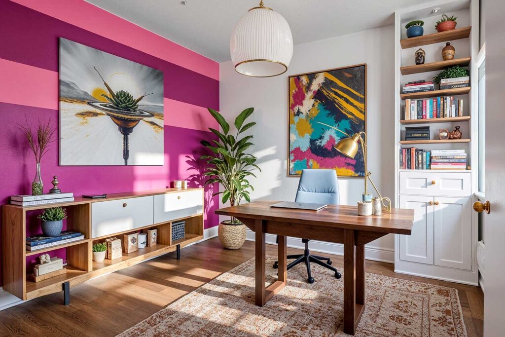 energizing home office with accent wall in magenta stripes and light oak floors, accent wall color ideas, home color schemes, interior color choices, interior color schemes, ideas for accent walls, feature wall colors