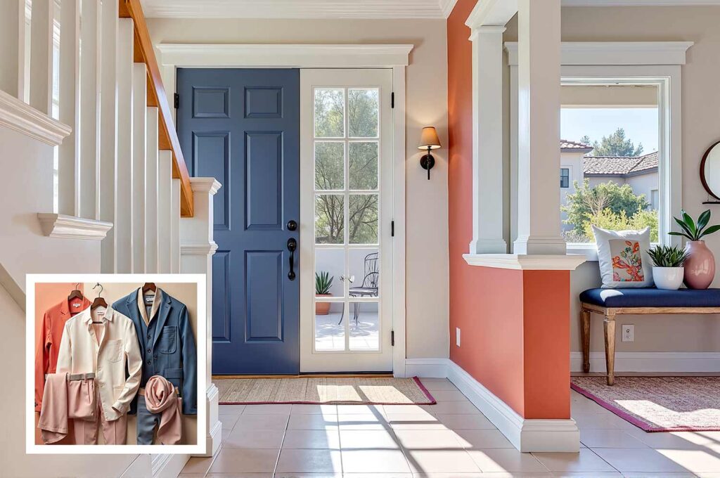 entryway with coral walls and soft white trim and indigo blue door and pale blush floor, Dressing your home in style, Color palette ideas from fashion, Home painting ideas from personal style, Trend-inspired house painting, Color matching home and wardrobe, Lifestyle-inspired paint schemes, Signature style home colors, Personalized home color inspiration, Fashion palette for interiors, Wearable color trends for homes, Home decor inspired by favorite outfits